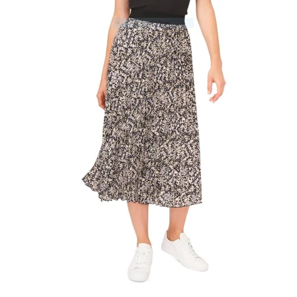 Vince Camuto Womens Trendy Elastic Waist Printed Pleated Black Floral Midi Skirt